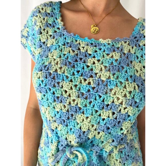 70s vintage blue hand knit hippy granny hippy thick crochet fringed midi dress - Picture 6 of 8